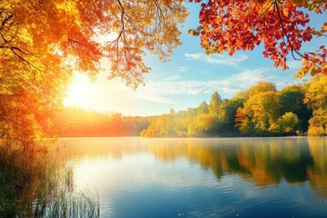 Fototapeta premium Serene Autumn River Landscape with Colorful Foliage