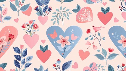 Cute Soft Pink Pattern with Hearts and Flowers: Romantic Valentine's Day Background for Love Themes