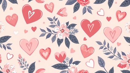 Cute Soft Pink Pattern with Hearts and Flowers: Romantic Valentine's Day Background for Love Themes