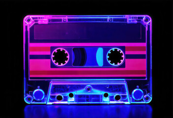 Retro cassette tape art neon background digital photography urban setting close-up view nostalgia concept