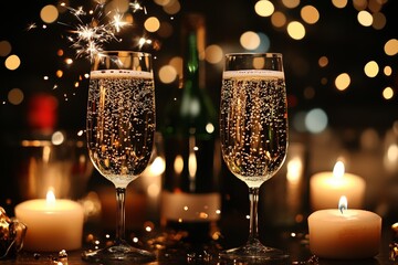 Two elegant glasses of champagne with festive sparklers beside a bottle of wine, embodying the joyful spirit of Christmas celebrations.