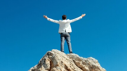 Obraz premium Businessman Standing Triumphantly on Mountain Summit,Celebrating Personal Victory