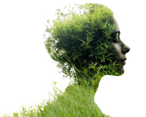 Human silhouette intertwined with lush green grass, symbolizing nature and identity.