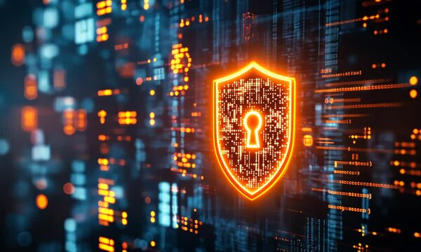 Digital security concept featuring a glowing shield and lock symbol on a data background.