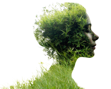 Human silhouette intertwined with lush green grass, symbolizing nature and identity.