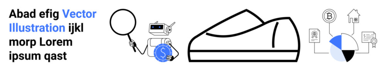 Robot with magnifying glass, sneaker outline, text in various fonts, and pie chart with coins emphasize the themes of technology, finance, robotics, fashion, analytics, data visualization