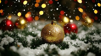 Obraz premium A shimmering gold ornament rests on a pristine snowy field, encapsulating the essence of holiday cheer and winter wonder.