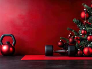 A vibrant workout scene featuring weights and kettlebells beside a beautifully decorated Christmas tree, perfect for promoting fitness during the holiday season.