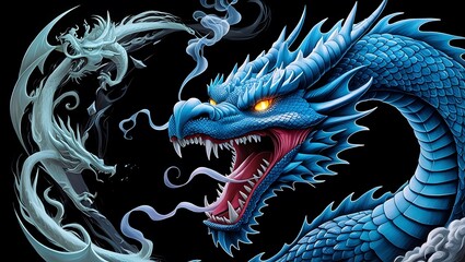 Powerful Blue Dragon Facing Off Against a Misty White Dragon