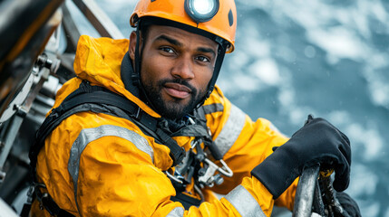 maintenance worker in yellow waterproof suit and helmet smiles while working on offshore wind turbine