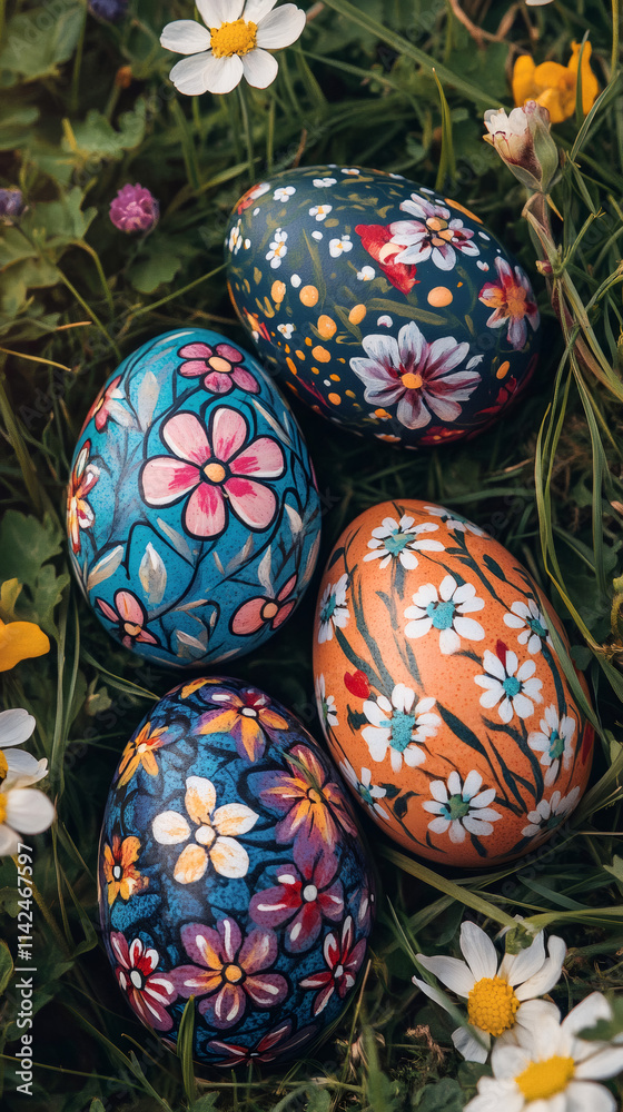 Aufkleber hand-painted easter eggs adorned with floral patterns resting in spring grass, marking the festive s