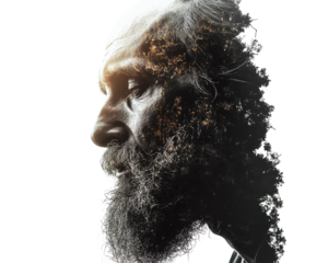 Portrait of a thoughtful man with a textured double exposure effect.