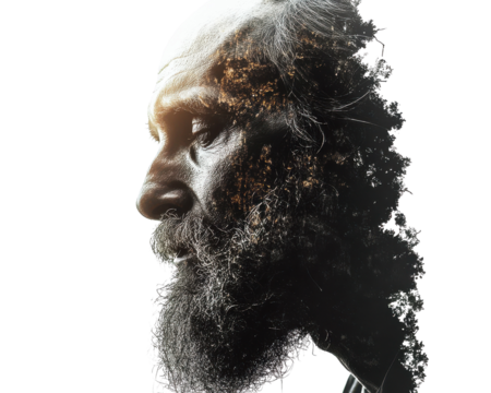 Portrait of a thoughtful man with a textured double exposure effect.