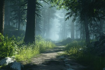 Obraz premium Serene Pathway Through Misty Forest Landscape