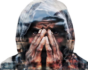 Emotionally expressive individual covering face with hands, symbolic of distress.