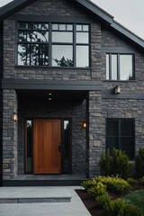 Modern Home Exterior with Dark Stone Cladding and Wood Door