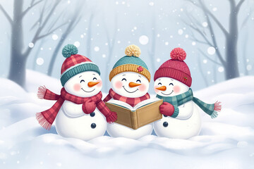 Fototapeta premium Snowman friends reading together in winter wonderland charming illustration for kids whimsical atmosphere