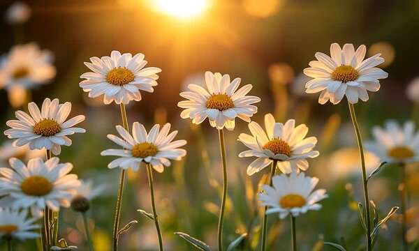 A field of daisies illuminated by sunset, creating a serene and vibrant atmosphere.