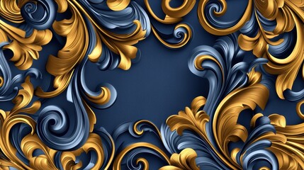 A decorative pattern featuring intricate gold and blue swirls on a dark background, creating an elegant and luxurious texture.