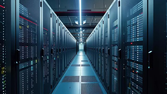 The interior of a contemporary data center showcases neatly aligned server racks with glowing lights. The space is designed for efficient data management and storage.