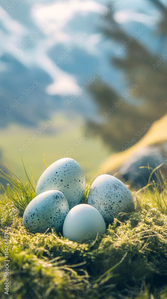 Poster Easter eggs nestled in a mossy nest against a backdrop of mountains and grass on a sunny spring day