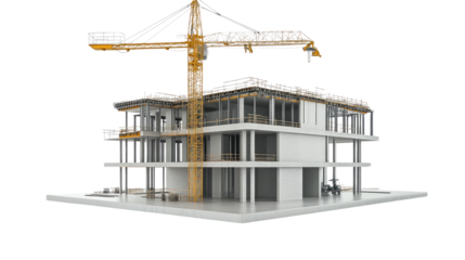 Construction Site: A 3D rendering of a modern building under construction, showcasing the intricate details of the framework and the powerful presence of a yellow crane.