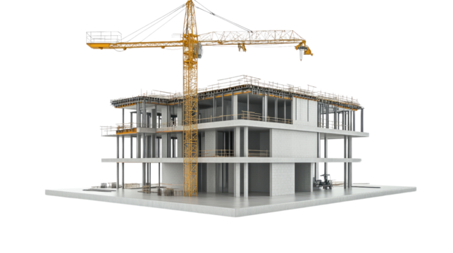 Construction Site: A 3D rendering of a modern building under construction, showcasing the intricate details of the framework and the powerful presence of a yellow crane.