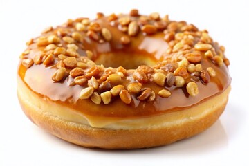 Caramel Brown Donut Nuts Isolated White Background - High-Resolution Food Photography