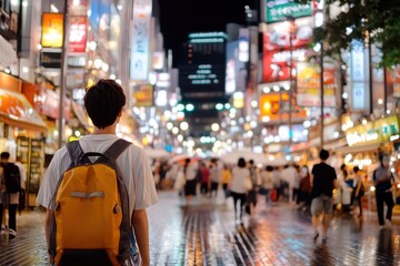 Amidst an illuminated city backdrop, a lone traveler adorned with a yellow backpack meanders through a busy street, experiencing the dynamic pulse of urban life.