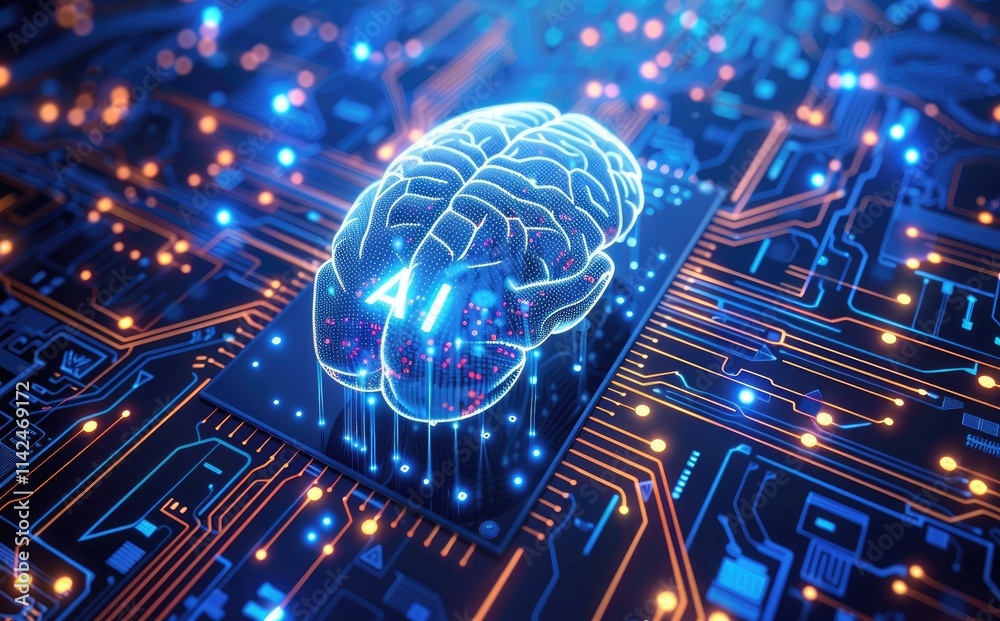 Poster a digital brain glowing above an electronic circuit board, symbolizing artificial intelligence and m