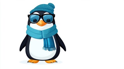 Obraz premium Cute Penguin Wearing Winter Scarf and Hat with Glasses in Snow