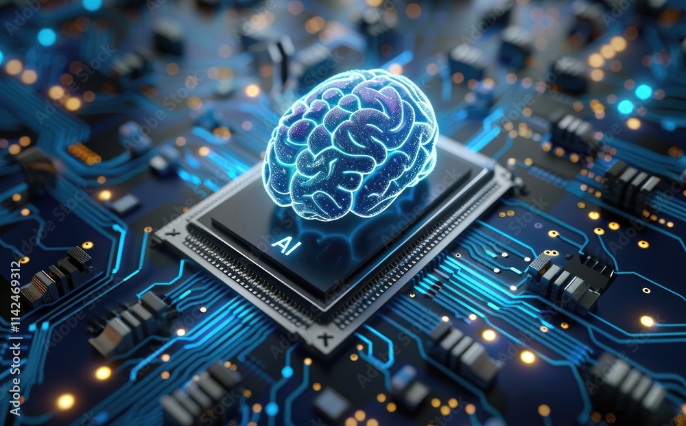 Poster Artificial intelligence concept featuring an AI brain on a microprocessor chip against a circuit board background. Perfect for digital technology designs, web illustrations