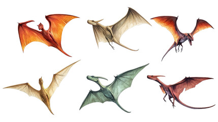 Dragon Flight Collection: Six majestic dragons take flight, showcasing diverse wingspans, colors, and body types in a captivating illustration.  Perfect for fantasy art, children's books.