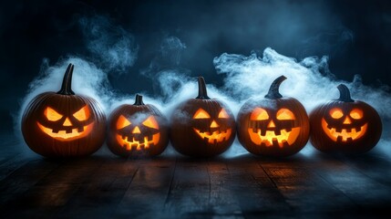 Spooky Jack-o'-lanterns glowing in the dark, creating a mystical Halloween scene.