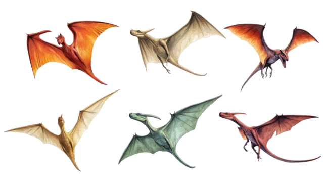 Dragon Flight Collection: Six majestic dragons take flight, showcasing diverse wingspans, colors, and body types in a captivating illustration.  Perfect for fantasy art, children's books.