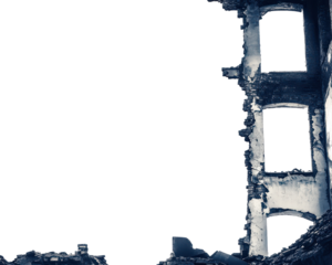 Burnt building ruins with empty windows on a black background.