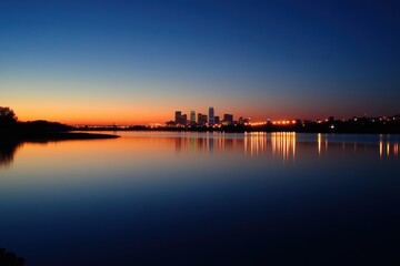 Dusk View of Dallas Skyline Reflection in Water