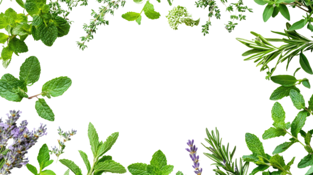 Fresh Herb Border: A vibrant assortment of fresh herbs, including rosemary, mint, lavender, and thyme, forms a captivating border around a blank space, ready for your text or design. 