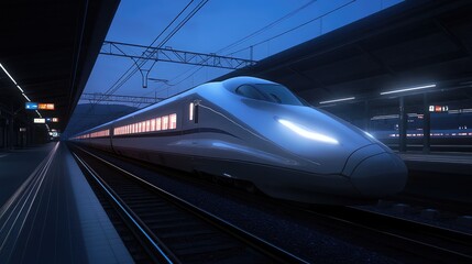 Naklejka premium A bullet train captured at night, illuminated by station lights as it departs a glowing, high-tech terminal