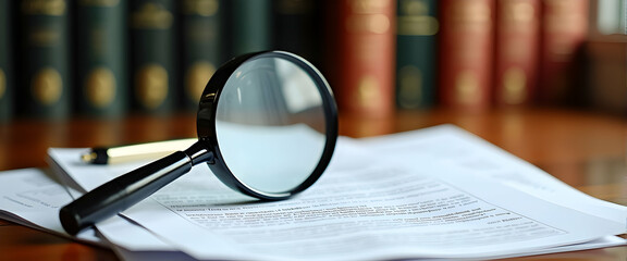 A magnifying glass rests on legal documents, a blurred bookshelf in the background evokes a sense of investigation and meticulous detail.