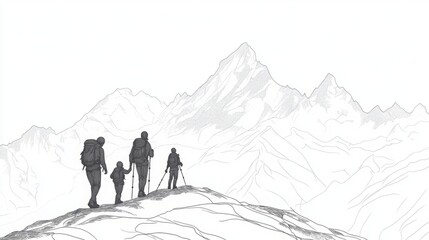 Family of hikers trekking through majestic mountains.