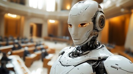 Fototapeta premium A robot with a white face and yellow eyes stands in front of a crowd of people