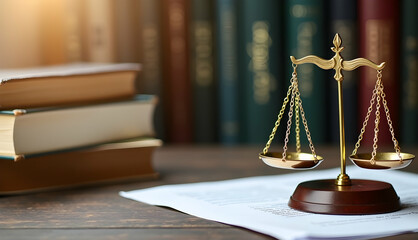 Golden scales of justice rest on legal documents, symbolizing fairness, law, and the pursuit of equity.  Books blur in the background, representing legal knowledge and wisdom.