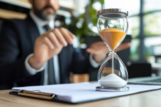 A suited man closely observes an hourglass on a desk, symbolizing effective time management and the importance of balancing work and productivity in business settings.