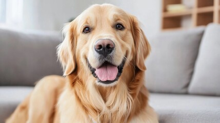 Golden Retriever Dog Smiling Happily in Living Room