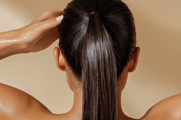 Fototapeta premium A back view of a woman showcasing her glossy, wet hairstyle pulled into a neat ponytail, capturing the essence of elegance and style with a minimalistic background.