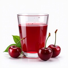  Cherry juice in a transparent glass isolated on white background, cherries - generative AI