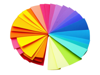 A vibrant arrangement of colored paper sheets arranged in a circular fan shape, showcasing a spectrum of bright hues on white background , cut out.	