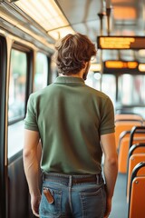 A man seen from behind standing on a bus, wearing a green polo shirt and jeans, with soft lighting highlighting the scene's modern and urban atmosphere.