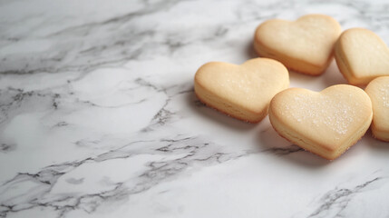 Heart-shaped cookies arranged on a marble surface for Valentine's Day celebration